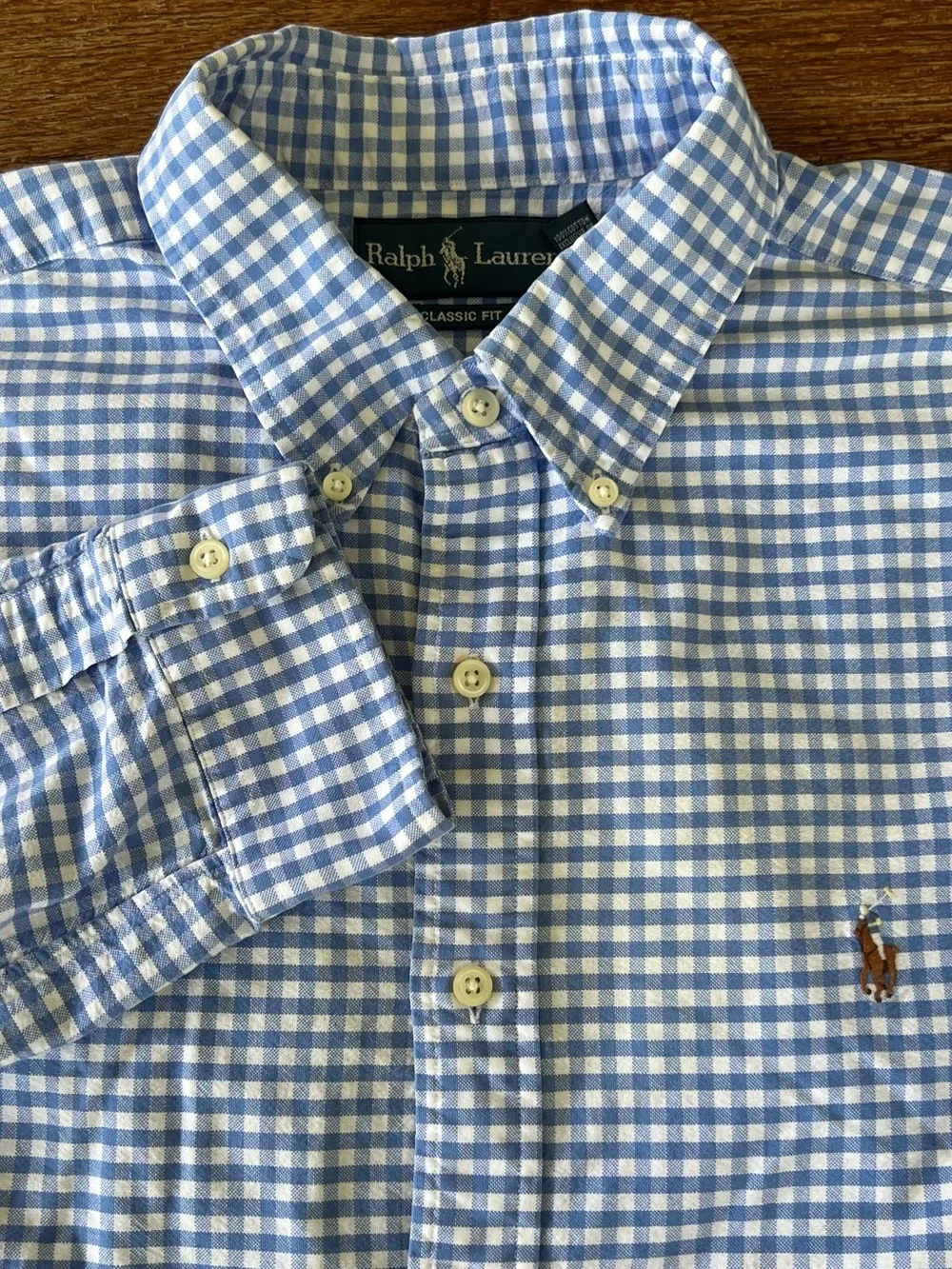 Polo Ralph Lauren Classic Fit Gingham Button Down Shirt Blue White XL Flaw Stain